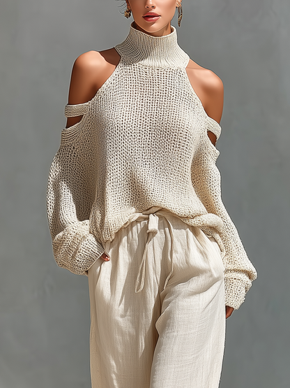 MARIA |  Knit Fabric Cold-Shoulder Turtleneck Top & Wide-Leg Pants Set