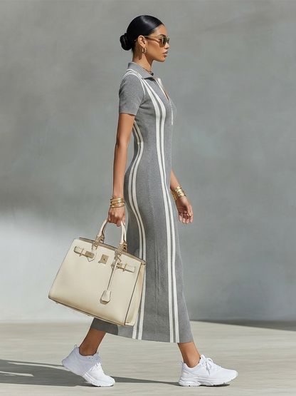 Women's Grey Stretchy Rib Knit Maxi Dress With Zip Polo Collar & Vertical Side Stripes, Chic Sporty Bodycon Pencil Dress MDZ2497F8LYL