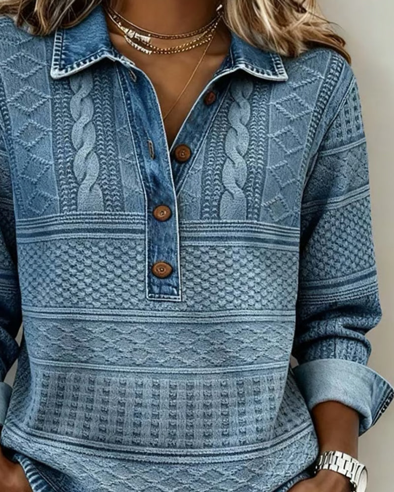 Hazel | Denim-Inspired Half-Button Knit Top