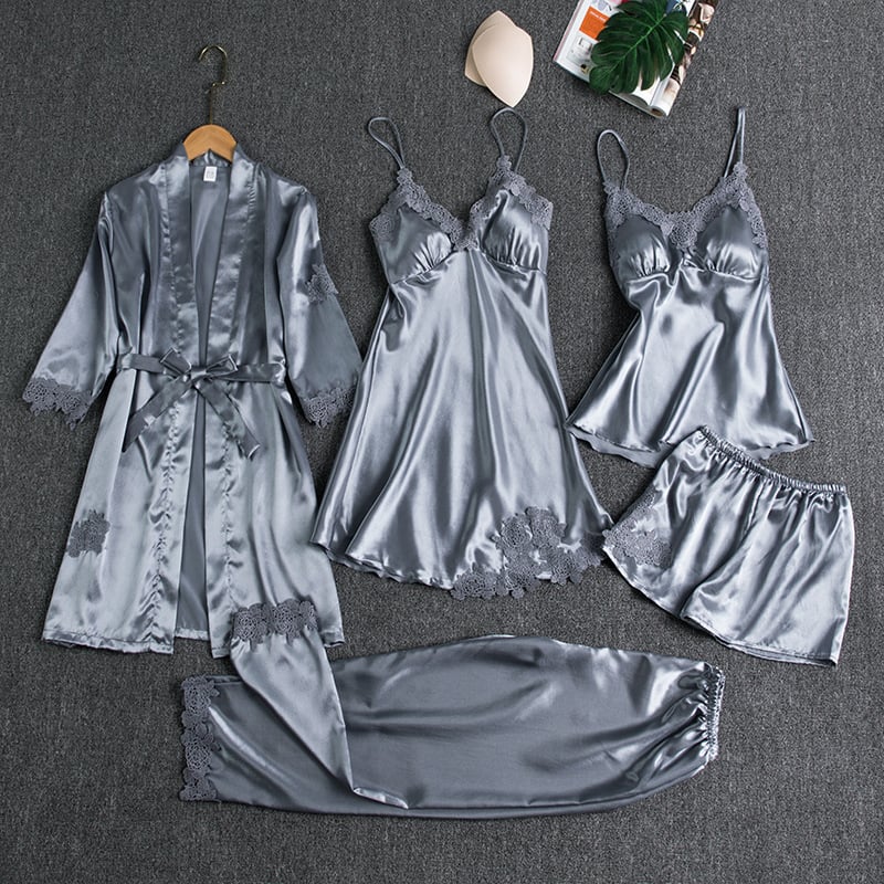 Luna | 5-Piece Satin & Lace Sleepwear Set