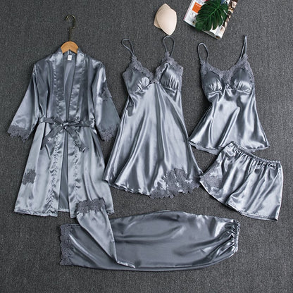 Luna | 5-Piece Satin & Lace Sleepwear Set