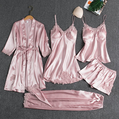 Luna | 5-Piece Satin & Lace Sleepwear Set