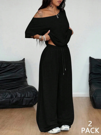 Chicbeautyy Off Shoulder T-Shirt and Wide Leg Pants Two Pieces Outfits