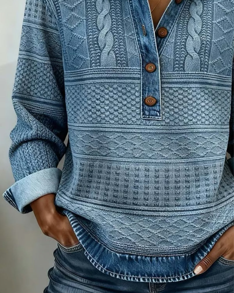Hazel | Denim-Inspired Half-Button Knit Top