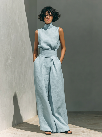 Women's minimalist set with sleeveless blouse and wide-leg pants
