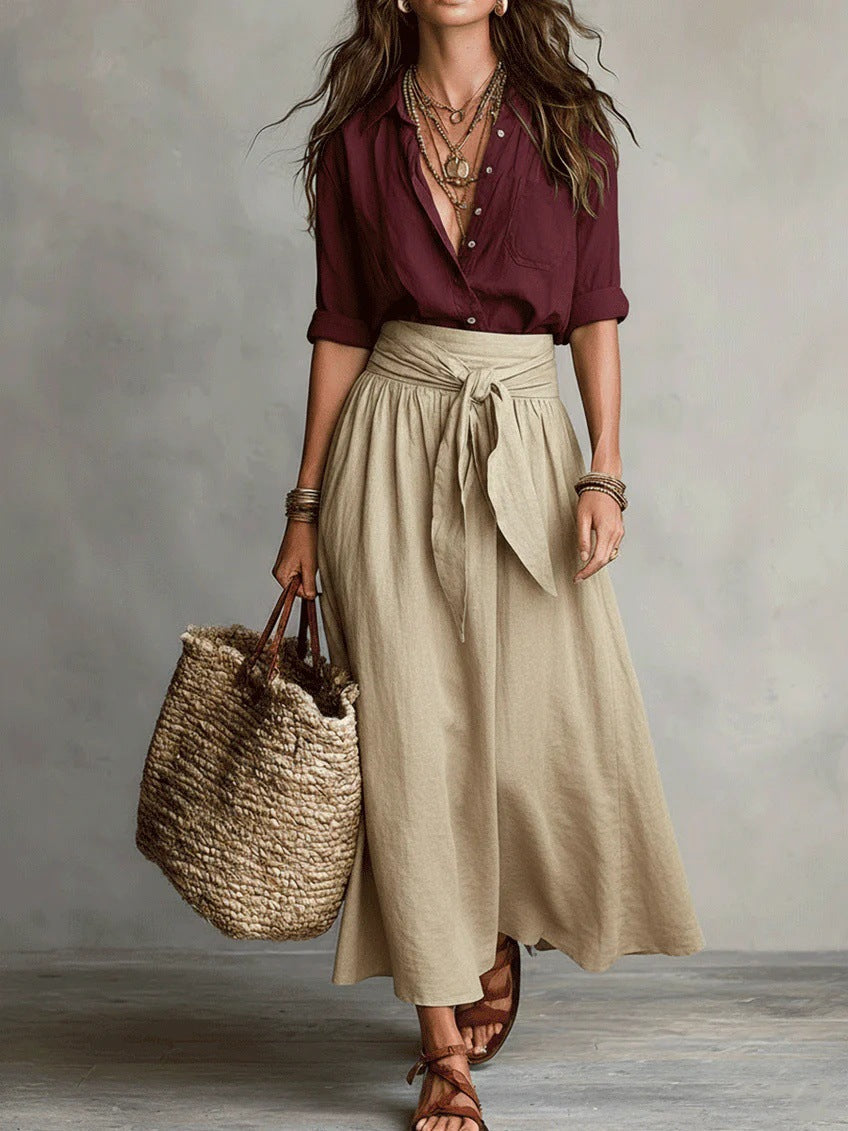 RIVER™ Two-Piece Set: Black Top and Olive Green Midi Skirt