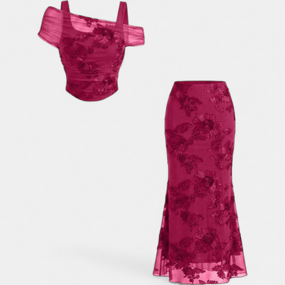 Women's Mesh Embroidered Off Shoulder Mermaid Maxi Dress Set