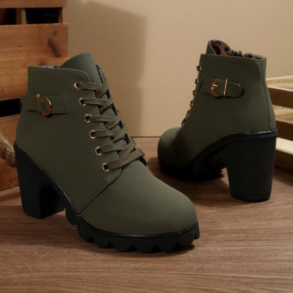 Karin Chic Lace-Up Metal Buckle Chunky Ankle Boots