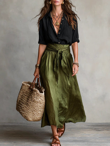 RIVER™ Two-Piece Set: Black Top and Olive Green Midi Skirt