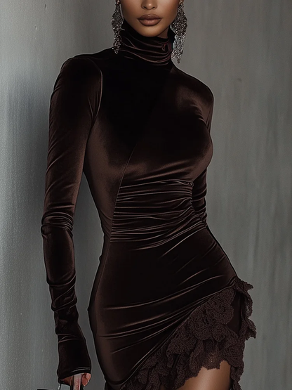 Elise™ | Velvet Turtleneck Lace Mini Dress