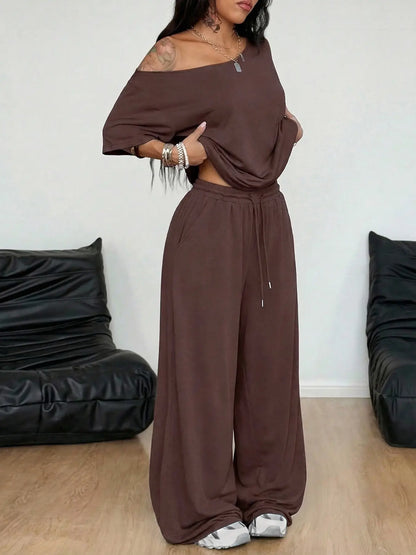Chicbeautyy Off Shoulder T-Shirt and Wide Leg Pants Two Pieces Outfits
