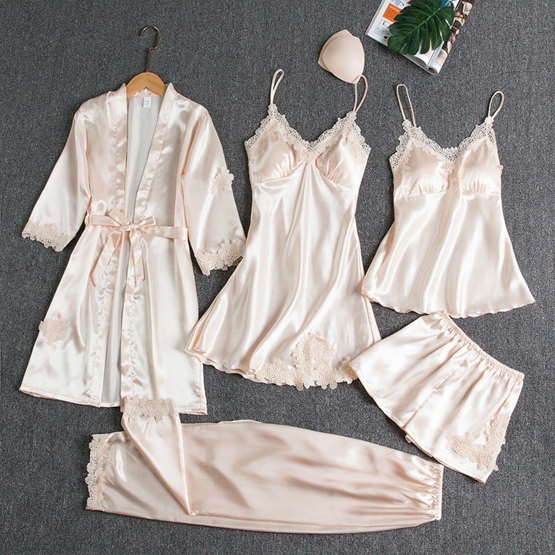 Luna | 5-Piece Satin & Lace Sleepwear Set