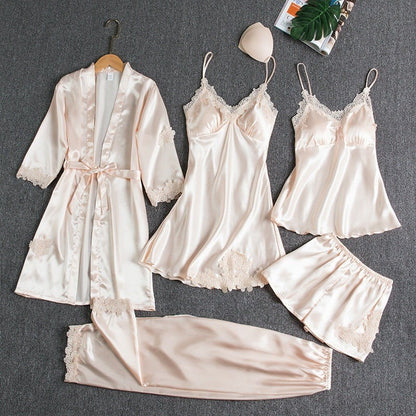 Luna | 5-Piece Satin & Lace Sleepwear Set