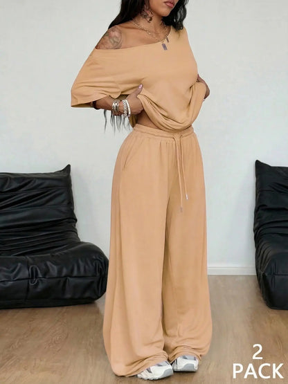 Chicbeautyy Off Shoulder T-Shirt and Wide Leg Pants Two Pieces Outfits