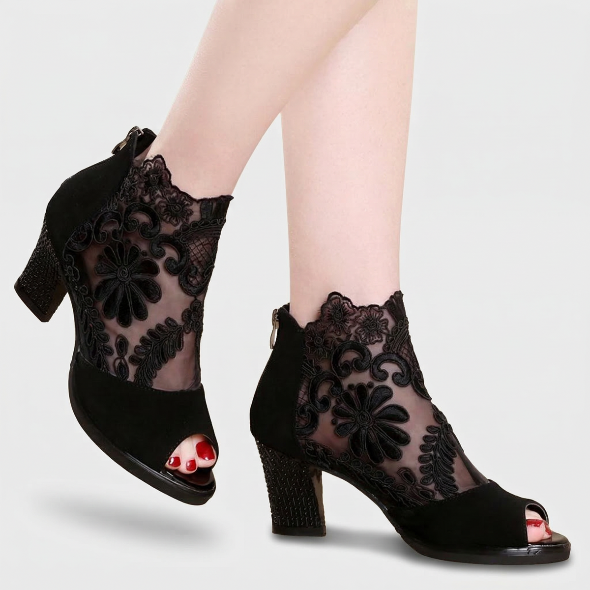 Rosalienne Elegant Lace Peep-Toe Heel Boots