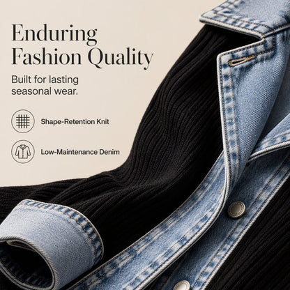 ⭐ Elegante damesjas van denim met geribbelde gebreide inzet