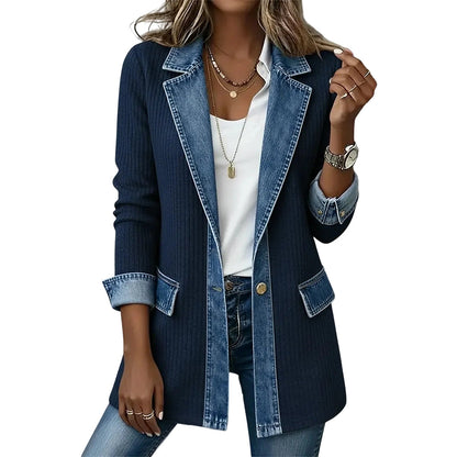 ⭐ Elegante damesjas van denim met geribbelde gebreide inzet